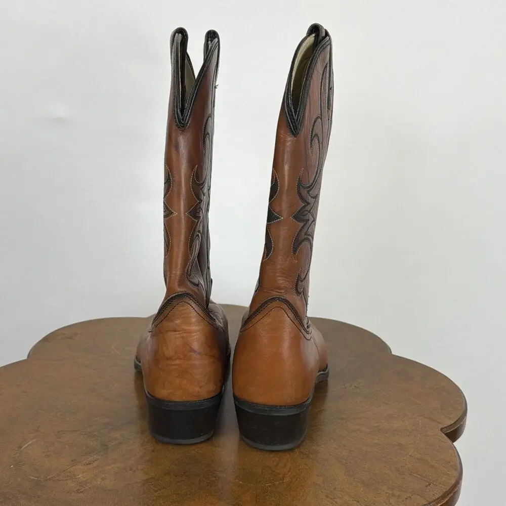 Vintage 80s Acme Brown Western Cowboy Boots Men 10E Black Stitching